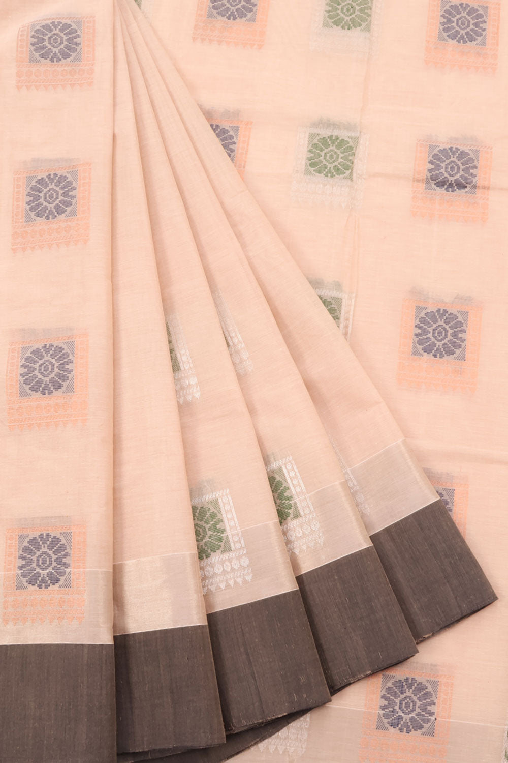 Handwoven Kanchi Cotton Saree with Silver and Copper Zari Floral Design and Zari Pallu with Floral Motifs 
