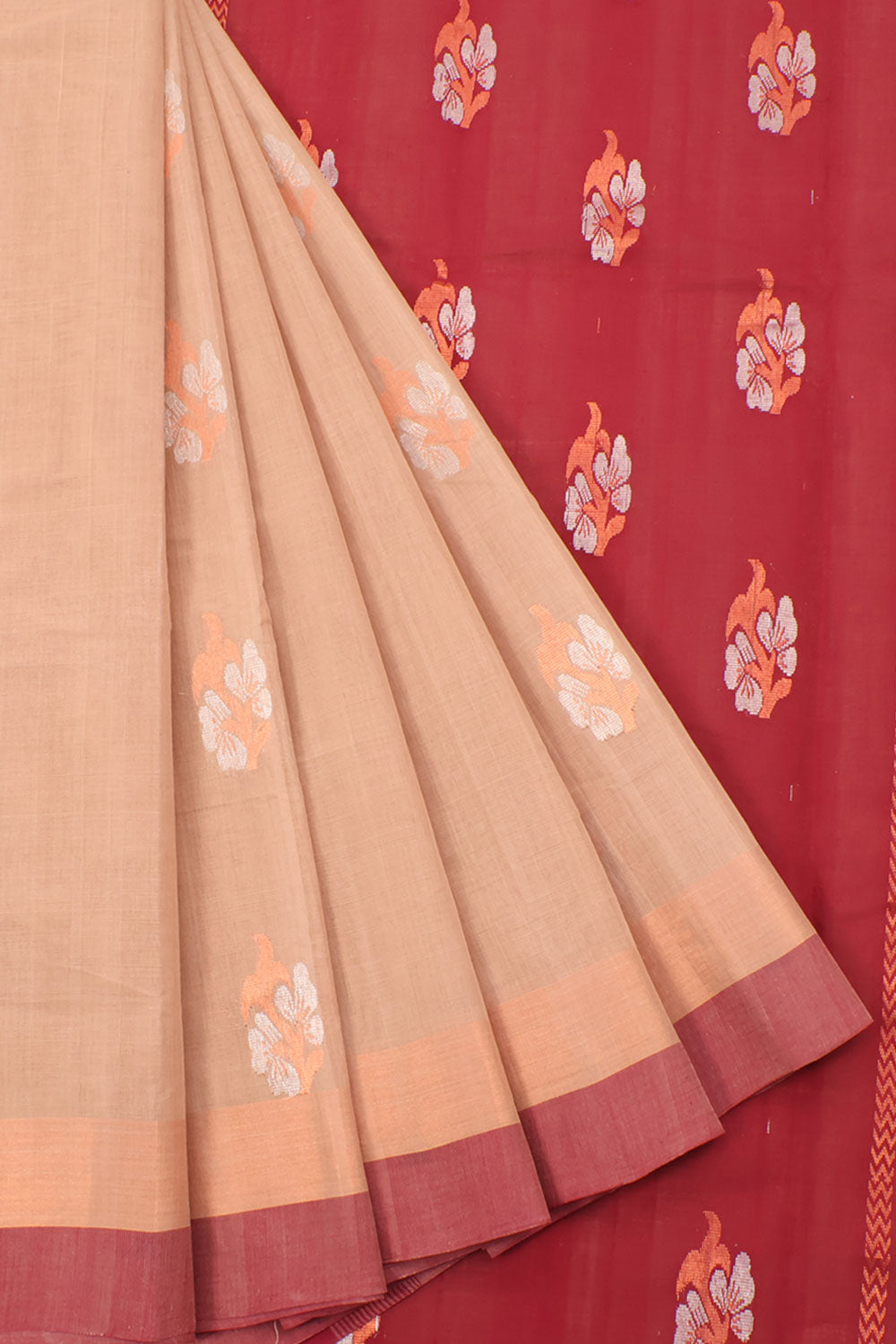 Handwoven Kanchi Cotton Saree with Silver and Copper Zari Floral Design and Floral Motifs Pallu with Zari Border