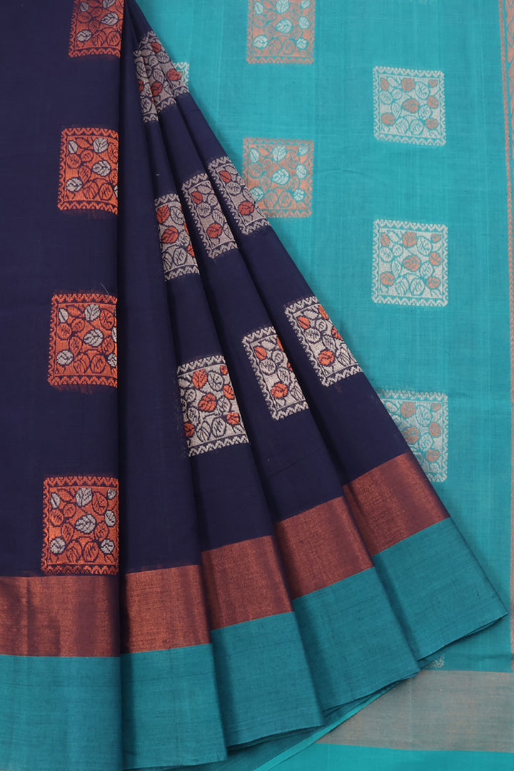 Handwoven Kanchi Cotton Saree with Silver and Copper Zari Floral Design and Zari Pallu with Floral Motifs