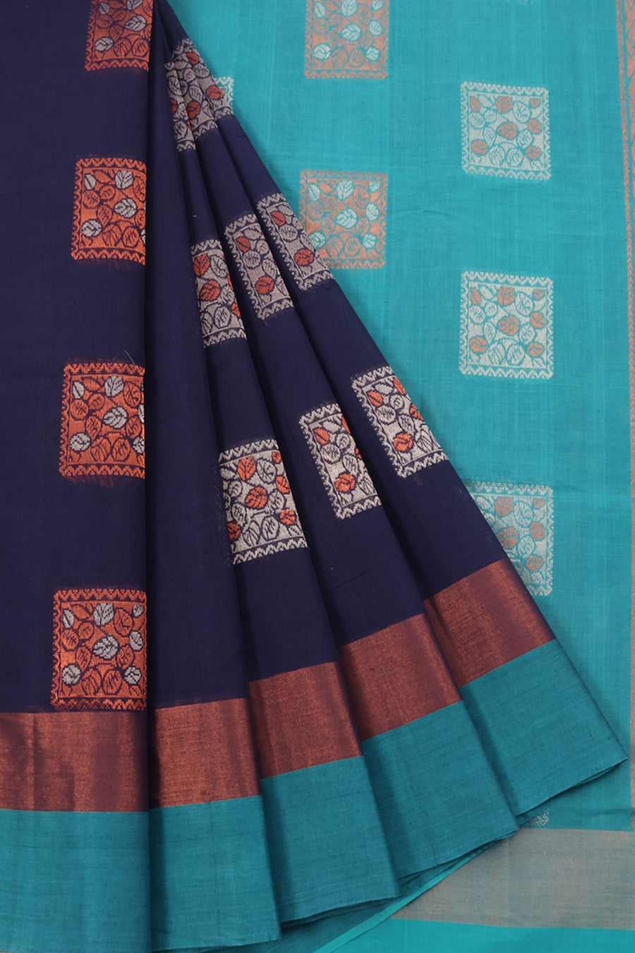 Handwoven Kanchi Cotton Saree with Silver and Copper Zari Floral Design and Zari Pallu with Floral Motifs