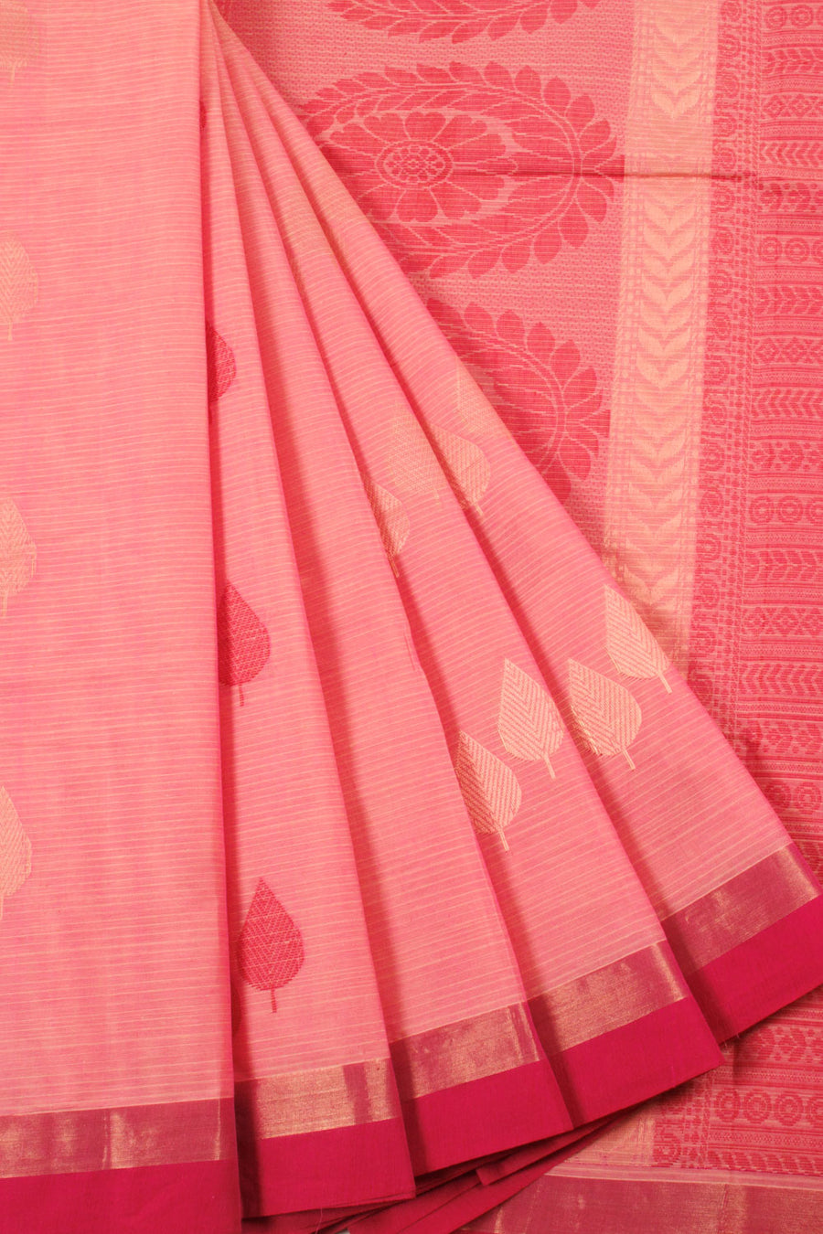 Pink Handwoven Kovai Cotton Saree with Leaf Motifs, Stripes Design and Floral Buttas Pallu