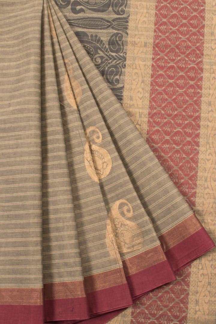 Brown Handwoven Kovai Cotton Saree with Paisley Motifs, Stripes Design and Zari Border