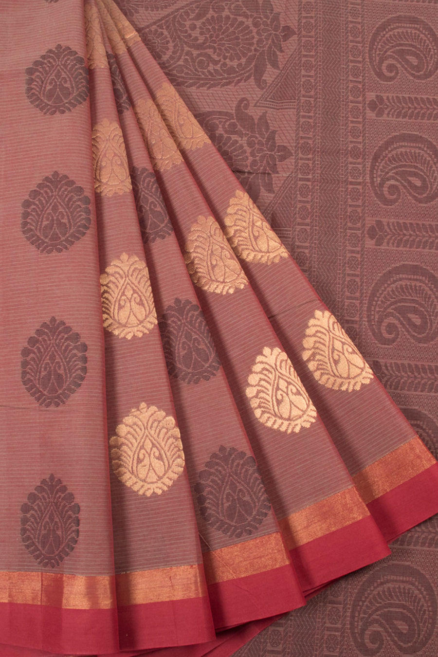 Brown Handwoven Kovai Cotton Saree with Floral Motifs, Stripes Design and Zari Border