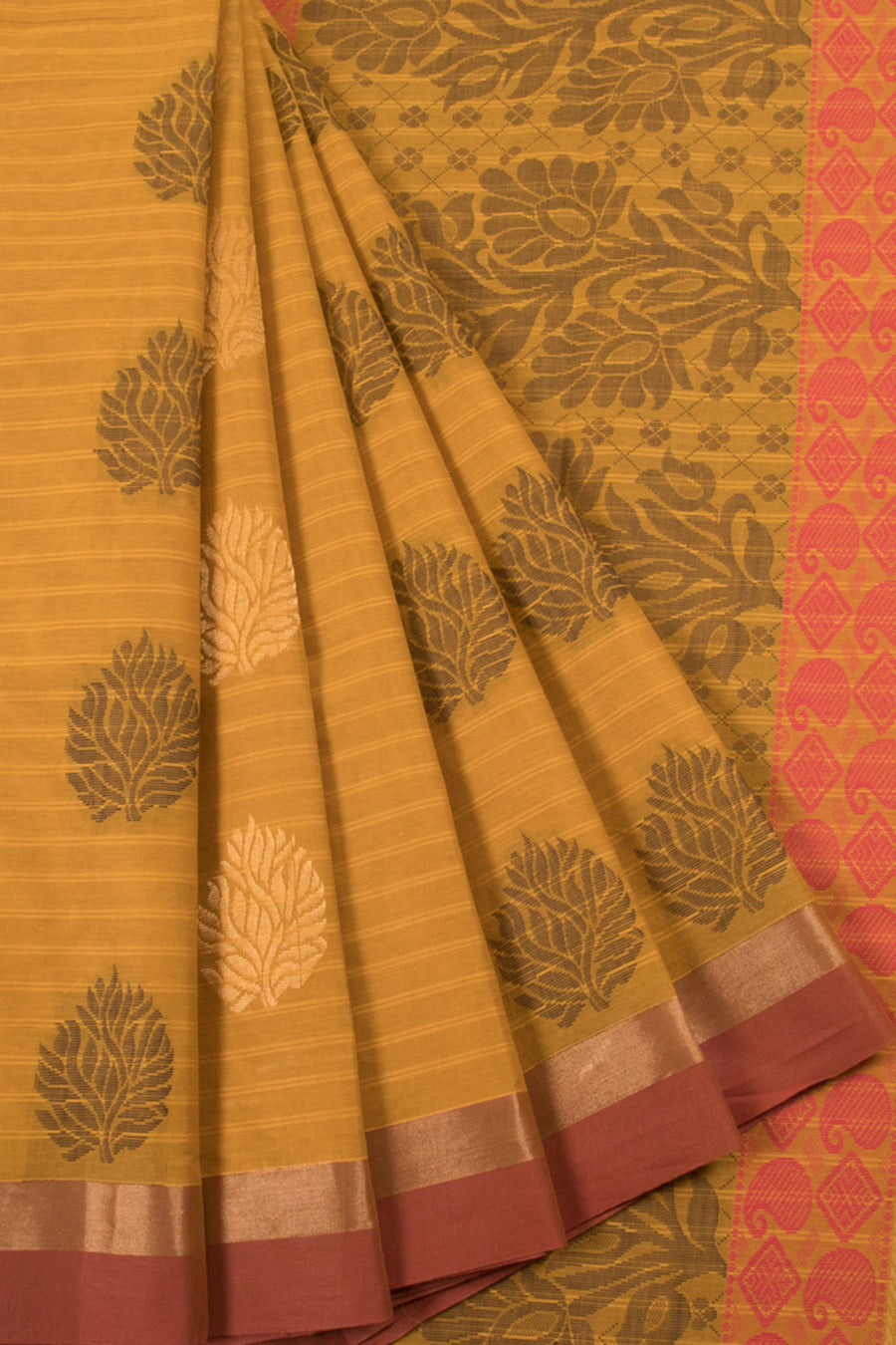 Yellow Handwoven Kovai Cotton Saree with Floral Motifs, Stripes Design and Zari Border