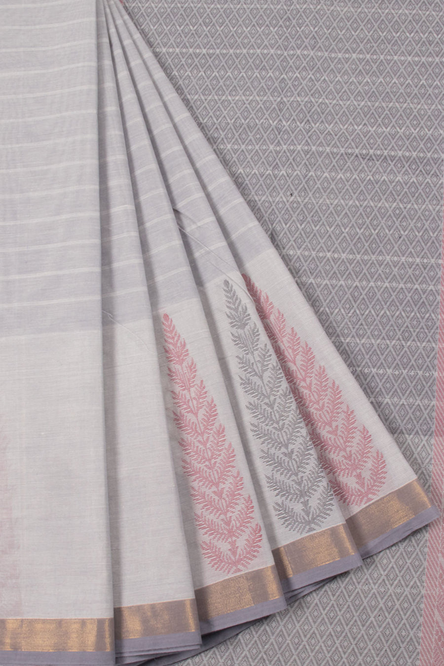 Grey Handwoven Kovai Cotton Saree with Stripes Design, Zari Border and Diamond Design Pallu 