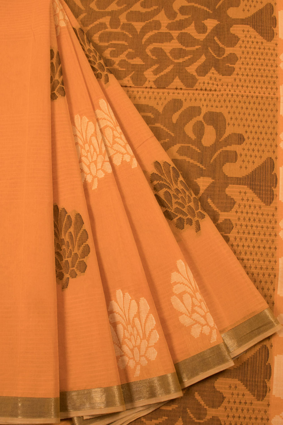Orange Handwoven Kovai Cotton Saree with Floral Motifs, Stripes Design and Zari Border