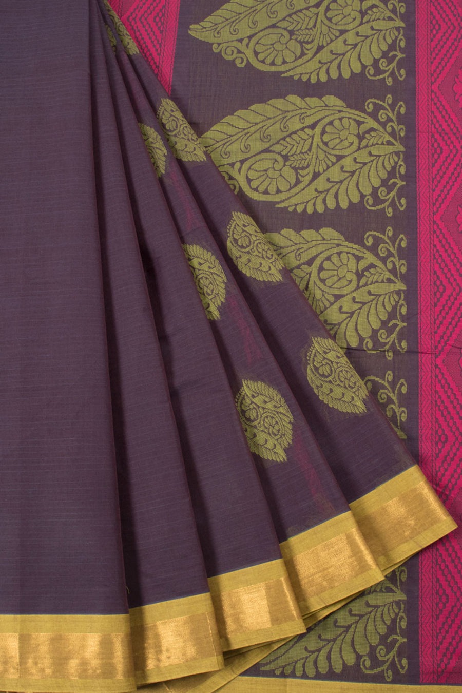 Purple Handwoven Kovai Cotton Saree with Floral Motifs, Stripes Design and Zari Border