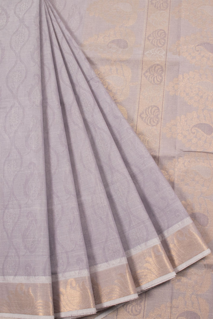 Handwoven Grey Kovai Tissue Cotton Saree with Embossed Floral Motifs and Zari Border