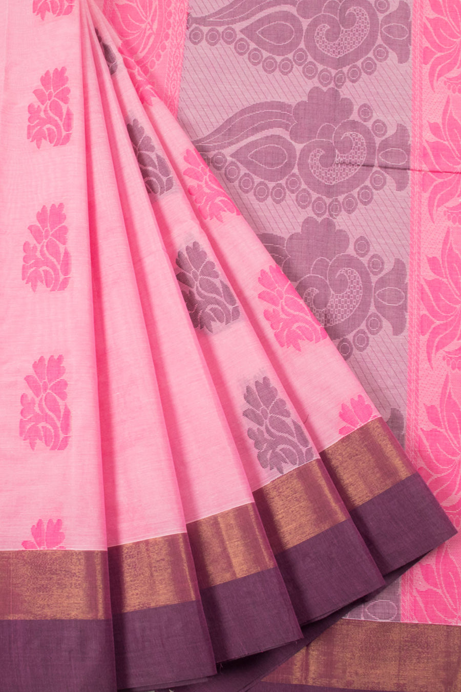 Pink Handwoven Kovai Cotton Saree with Floral Motifs and Zari Border