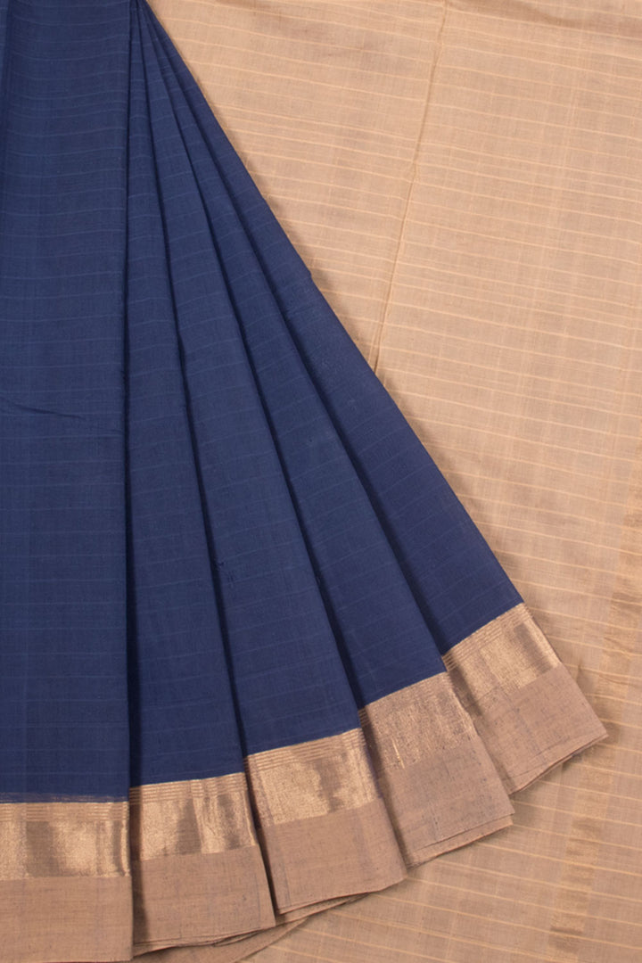 Blue Handwoven Negamam Cotton Saree with Stripes Design, Zari Border and Contrast Blouse and Pallu