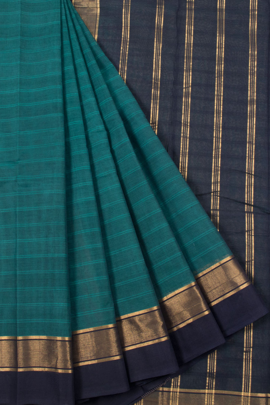 Handwoven Negamam Cotton Saree with Stripes Design, Zari Border and Contrast Blouse and Pallu
