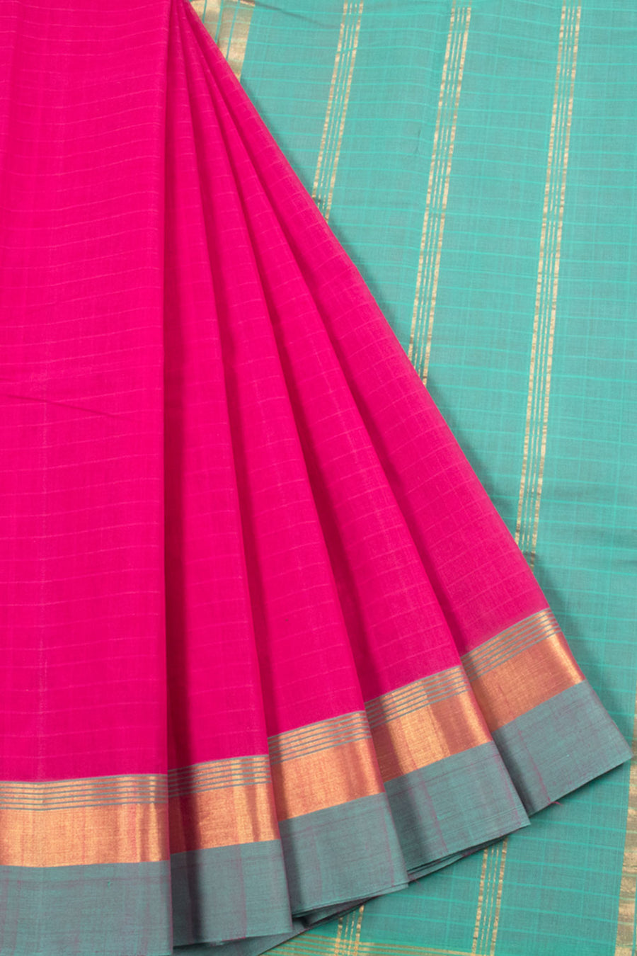 Magenta Handwoven Negamam Cotton Saree with Stripes Design, Zari Border and Contrast Blouse and Pallu