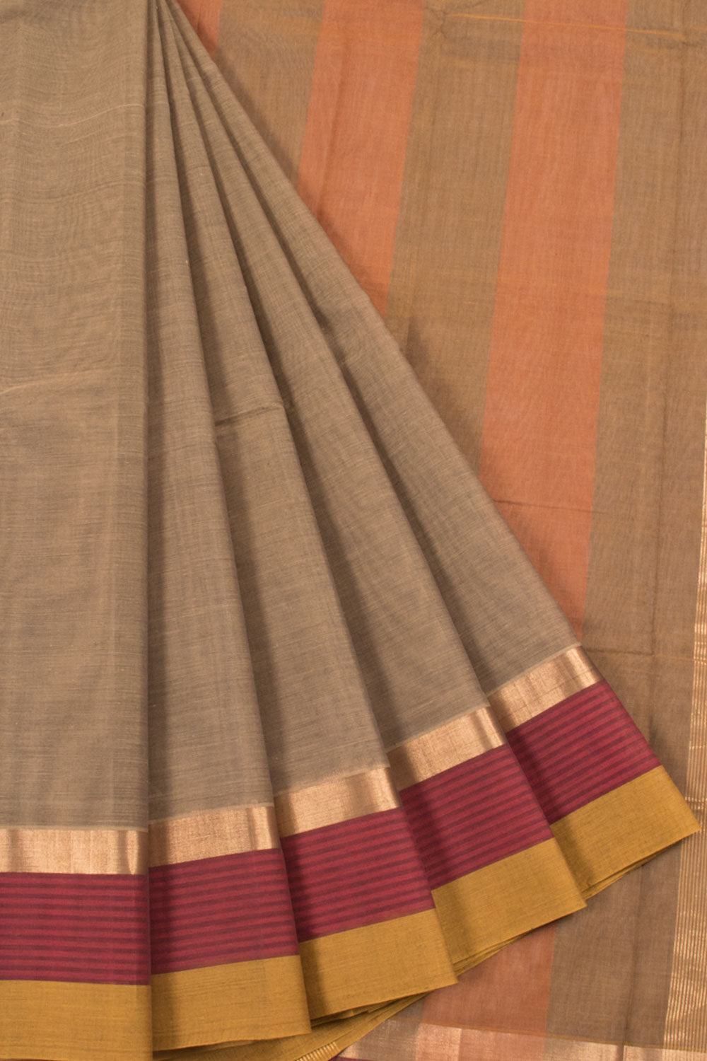 Handwoven Negamam Cotton Saree with Zari Border and Striped Pallu 
