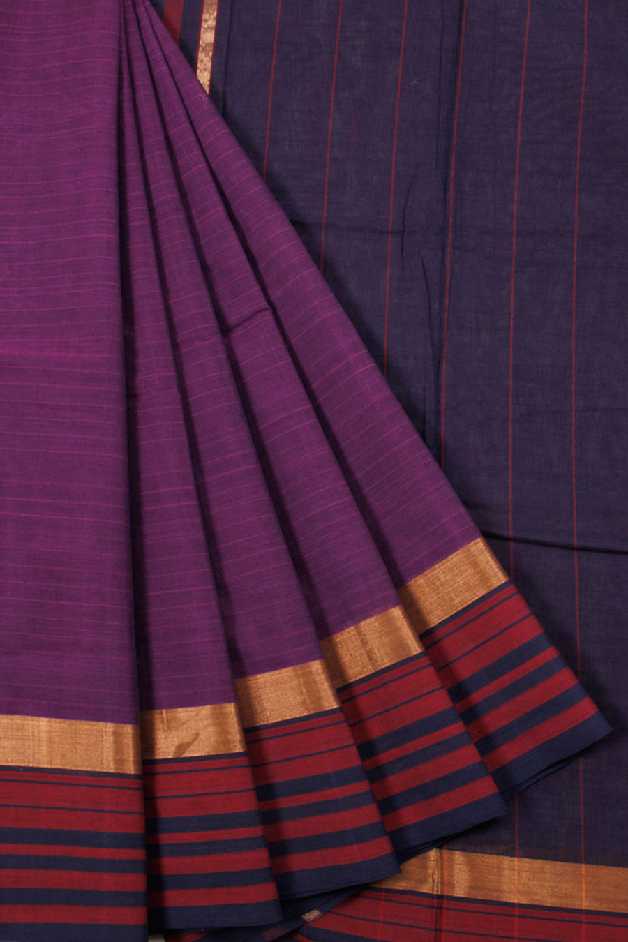 Purple Handwoven Negamam Cotton Saree with Stripe and Zari Border and Stripe Pallu