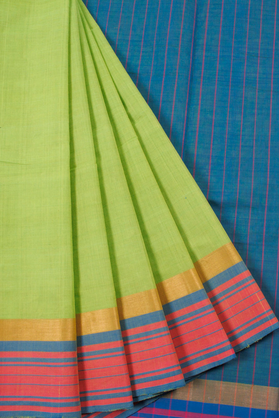 Handwoven Green Negamam Cotton Saree with Zari and Stripes Border and Stripe Pallu