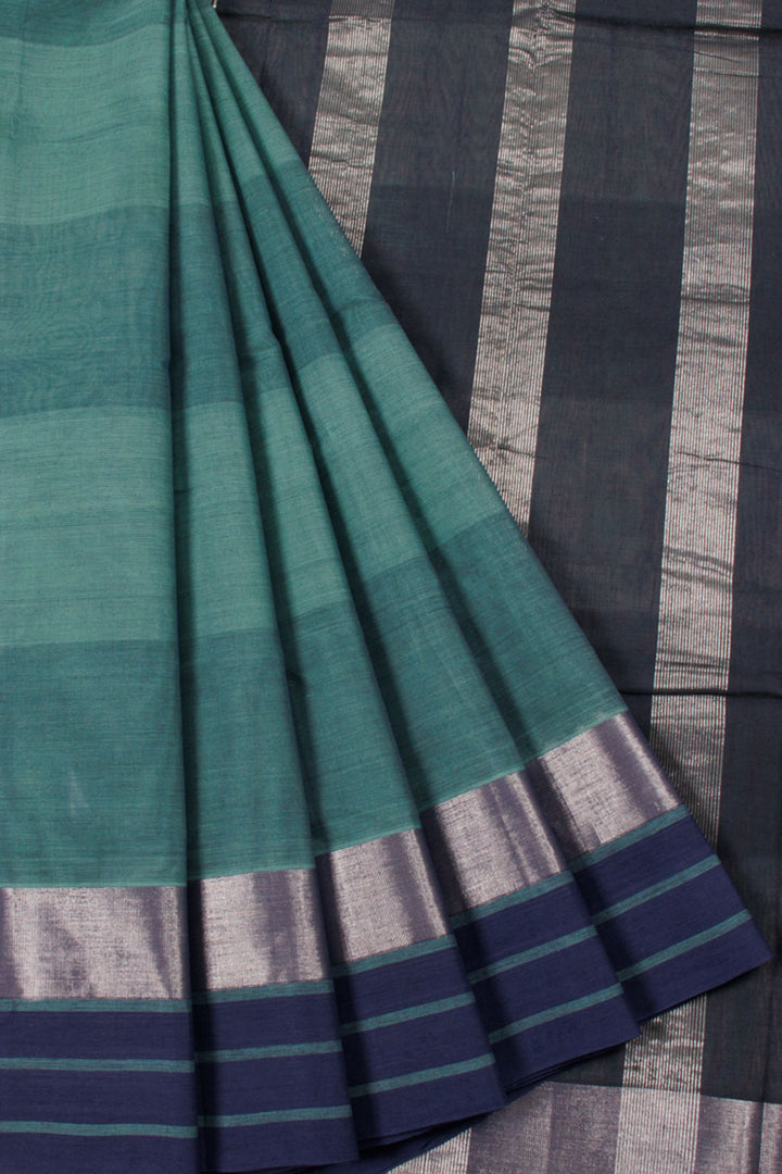 Green Handwoven Negamam Cotton Saree with Striped Pallu, Zari Border and Contrast Pallu