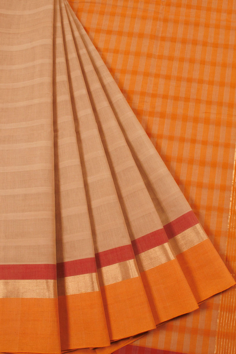 Brown Handwoven Negamam Cotton Saree with Stripes, Striped Pallu, Zari Border and Contrast Pallu