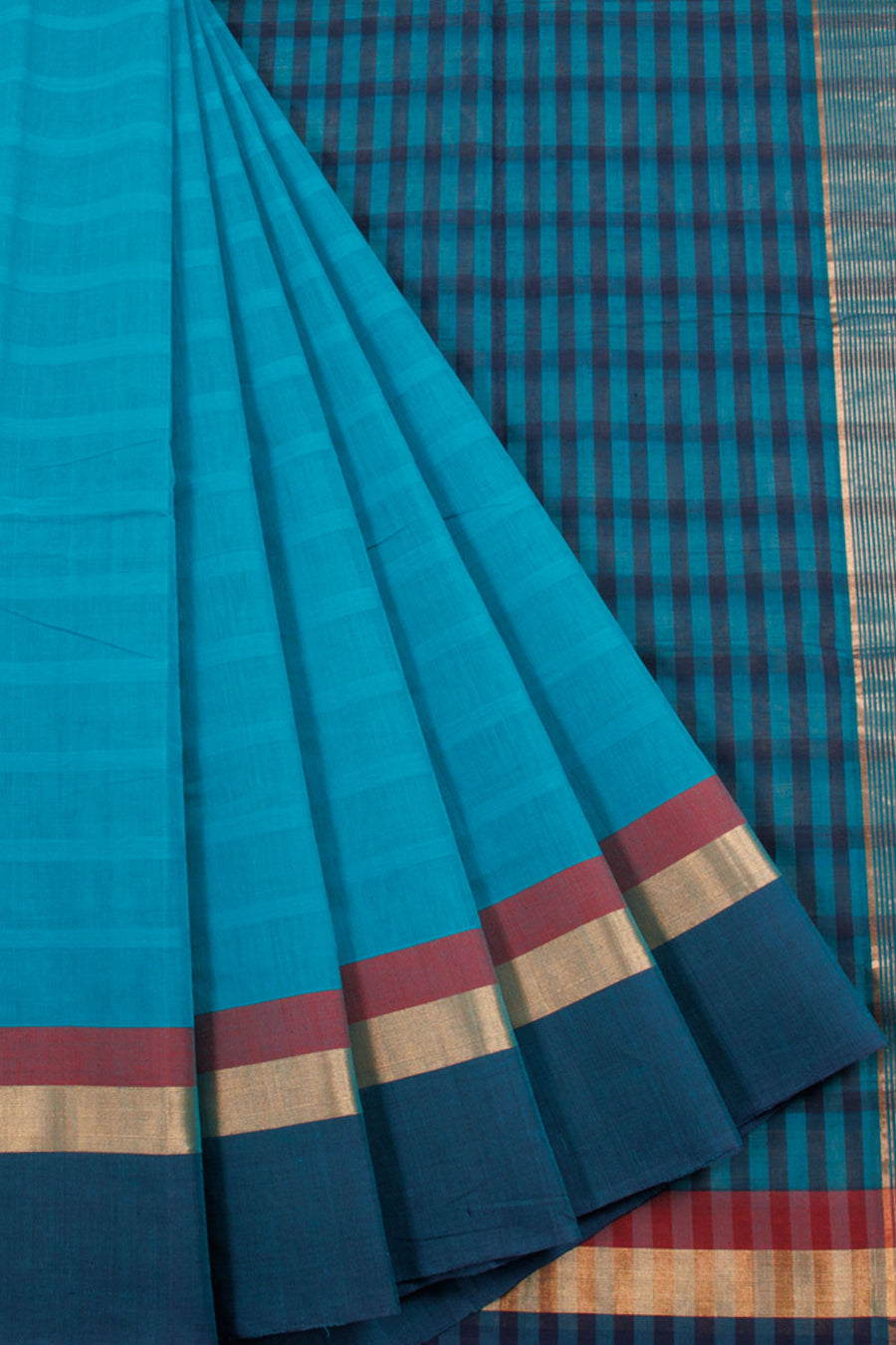 Blue Handwoven Negamam Cotton Saree with Stripes, Striped Pallu, Zari Border and Contrast Blouse and Pallu