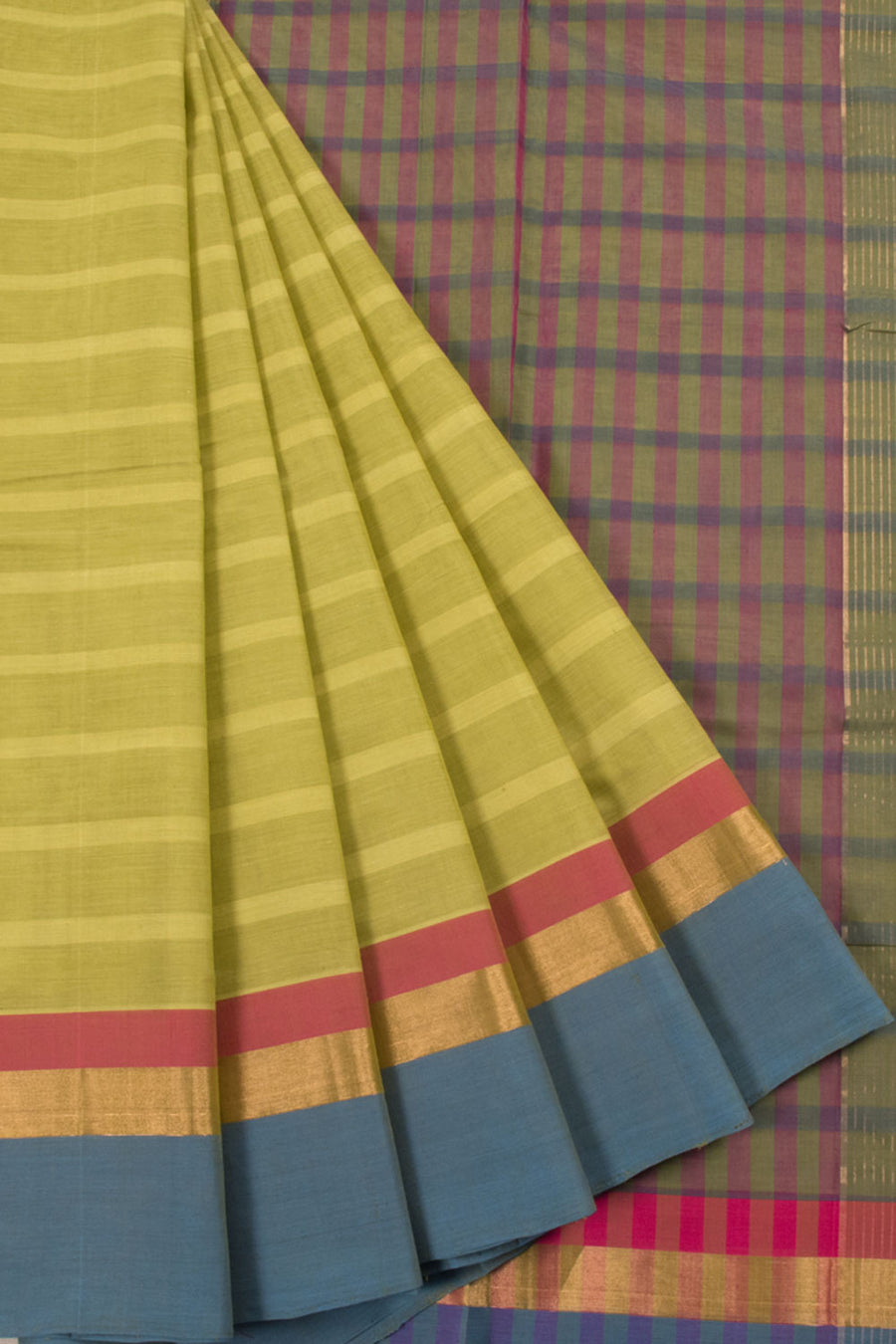 Lime Green Handwoven Negamam Cotton Saree with Stripes, Striped Pallu, Zari Border and Contrast Blouse and Pallu