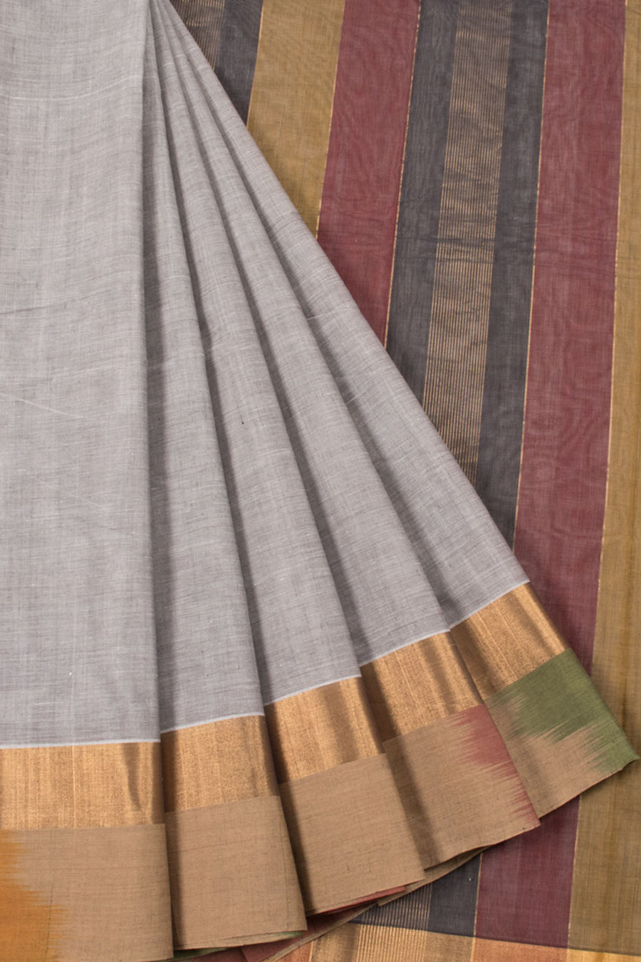 Handwoven Silver Grey Negamam Cotton Saree with Striped Pallu, Zari Border and Contrast Blouse and Pallu