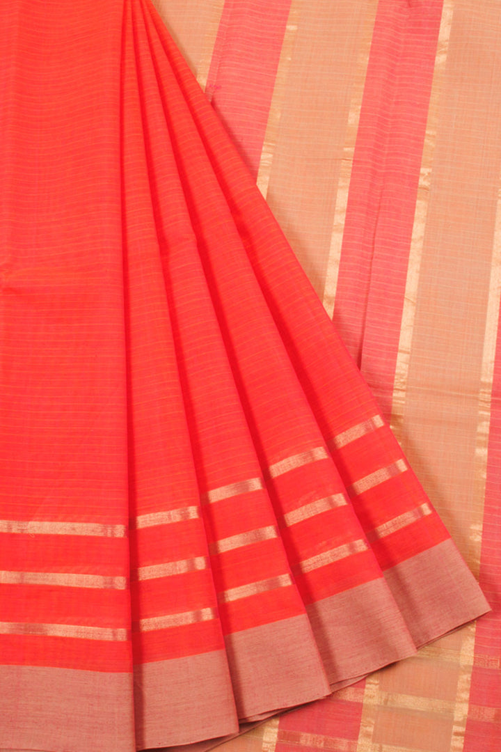 Handwoven Peach Negamam Cotton Saree with Stripes, Striped Pallu and Zari Border