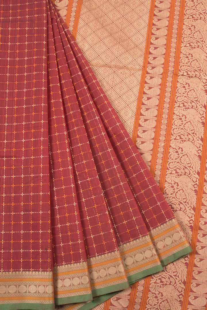Currant Red Handwoven Kanchi Cotton Saree 10059970
