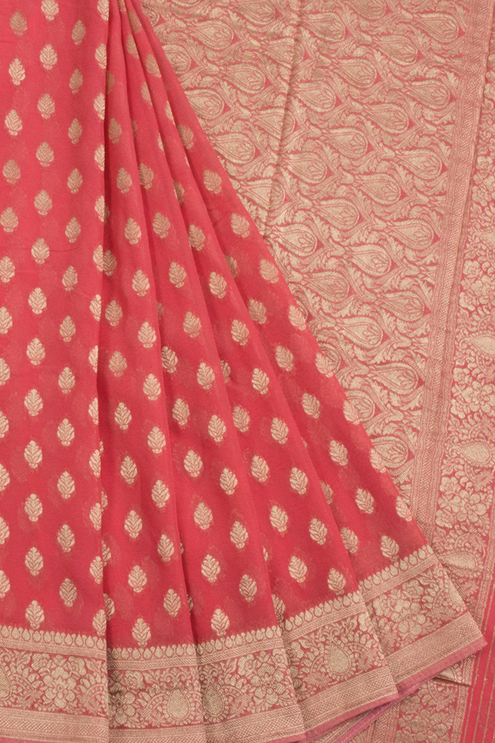 Peach Pink Handloom Banarasi  Katrua Georgette Saree with Floral Motifs