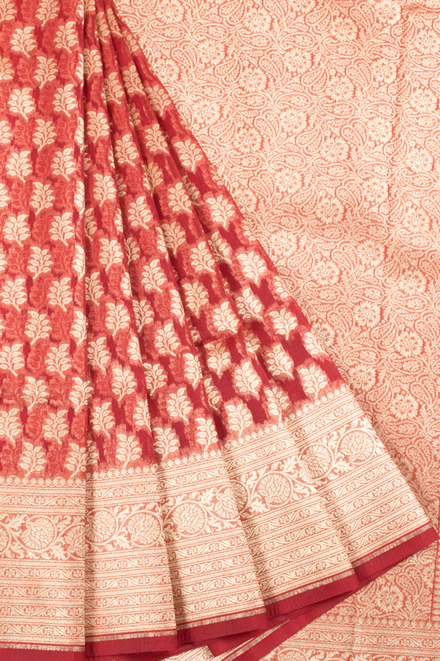 Handloom Banarasi Katrua Kora Silk Saree with Allover Floral Design 