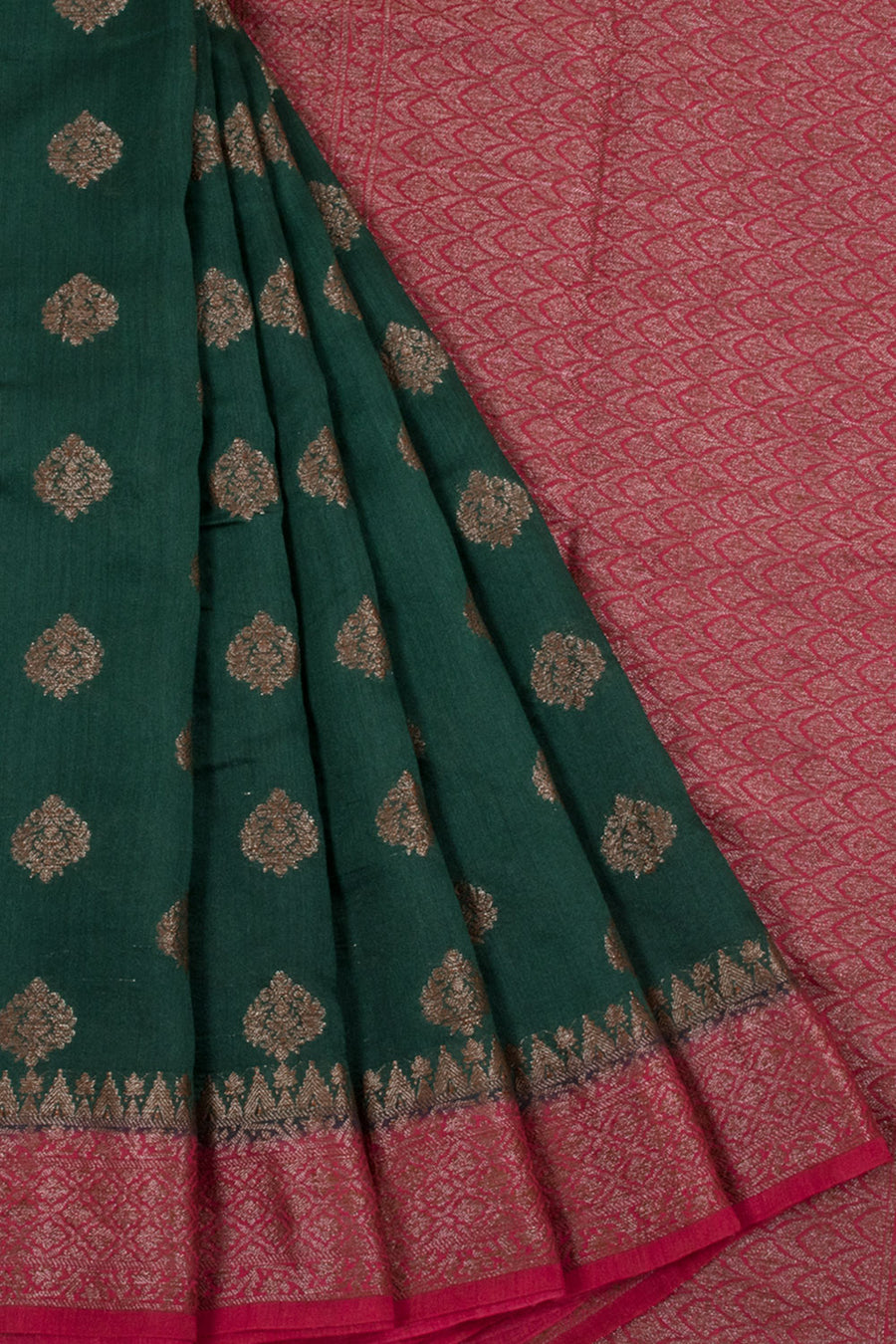 Handloom Banarasi Katrua Muga Silk Saree with Floral Motifs, Floral Border and Pallu