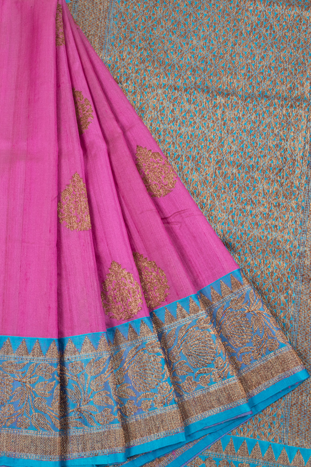 Handloom Banarasi Kadhwa Tussar Silk Saree with Floral Motifs, Jangla Border and Floral Pallu