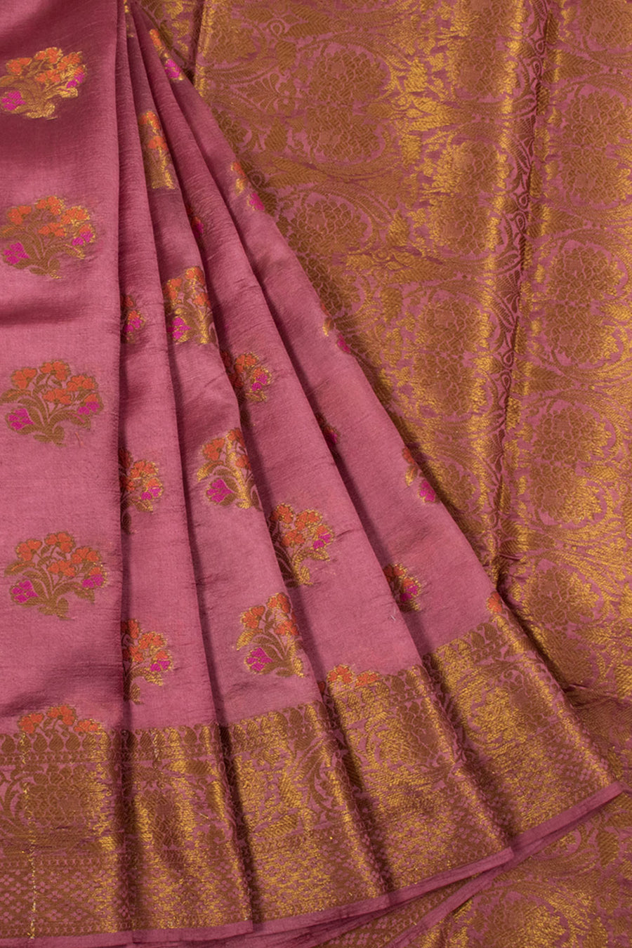 Handloom Banarasi Katrua Dupion Silk Saree with Floral Motifs, Jangla Border and Pallu