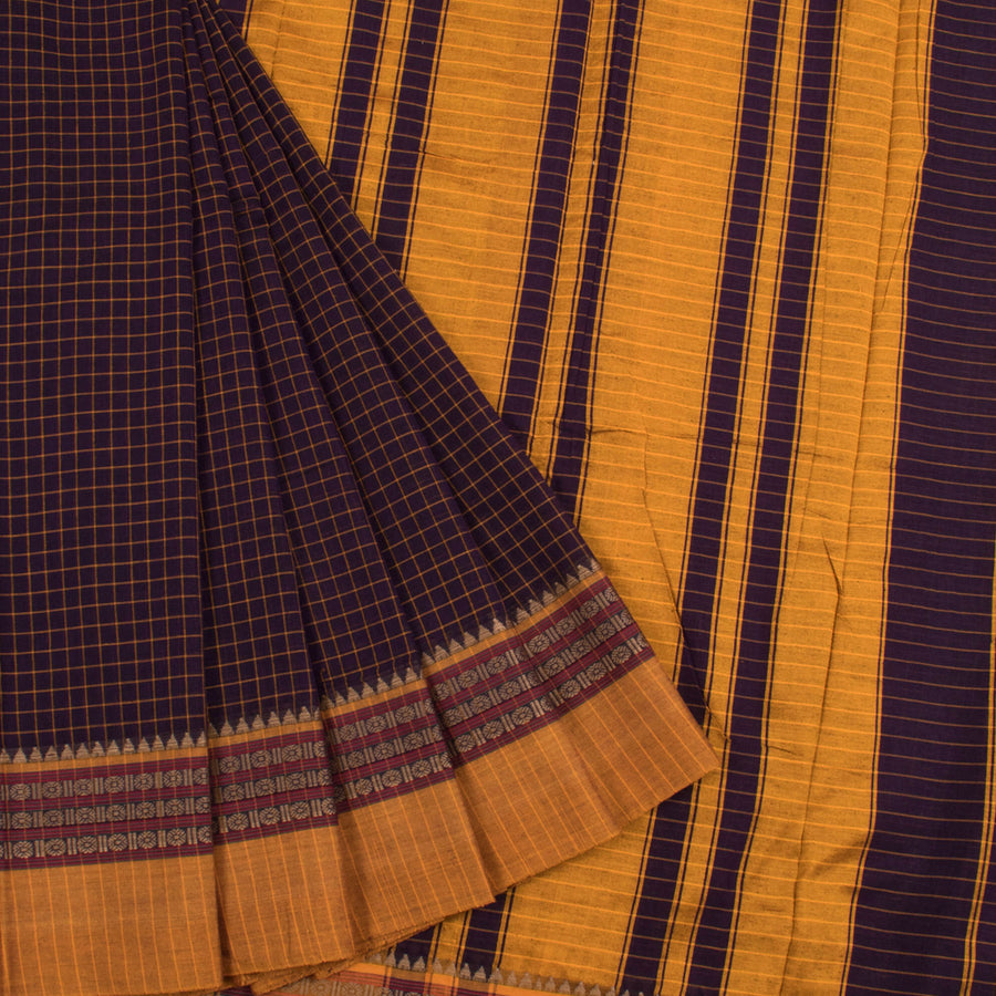 Handwoven Narayanpet Cotton Saree with Checks Design, Temple Border and without Blouse