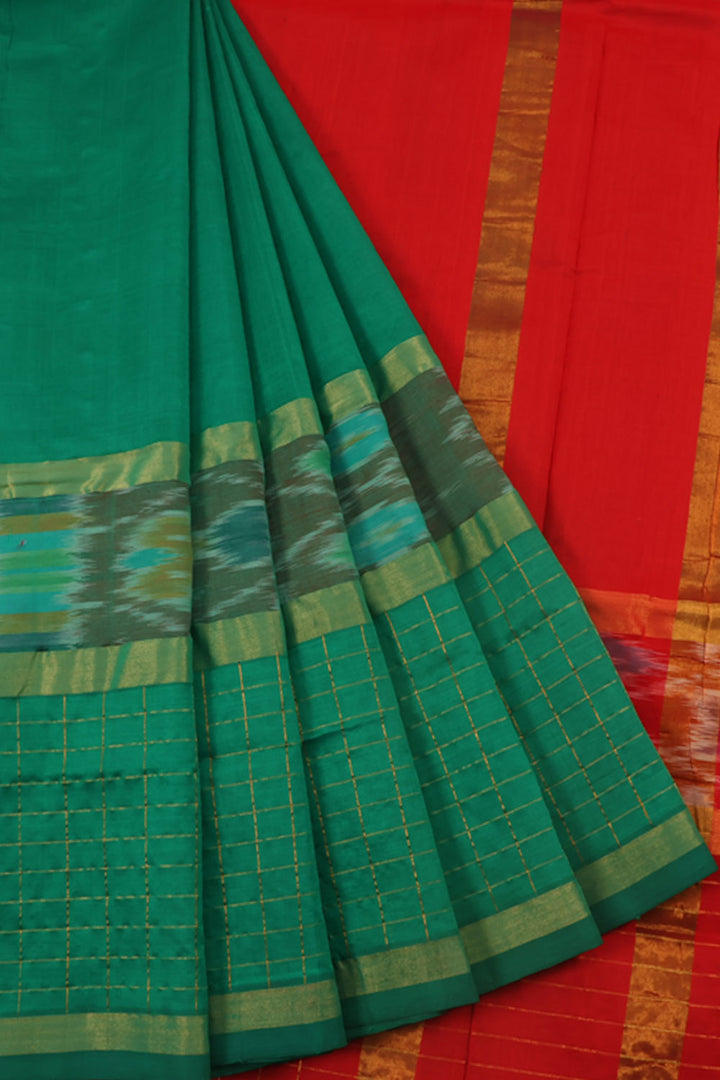 Silk Cotton Saree with Ikat and Zari Checks Border