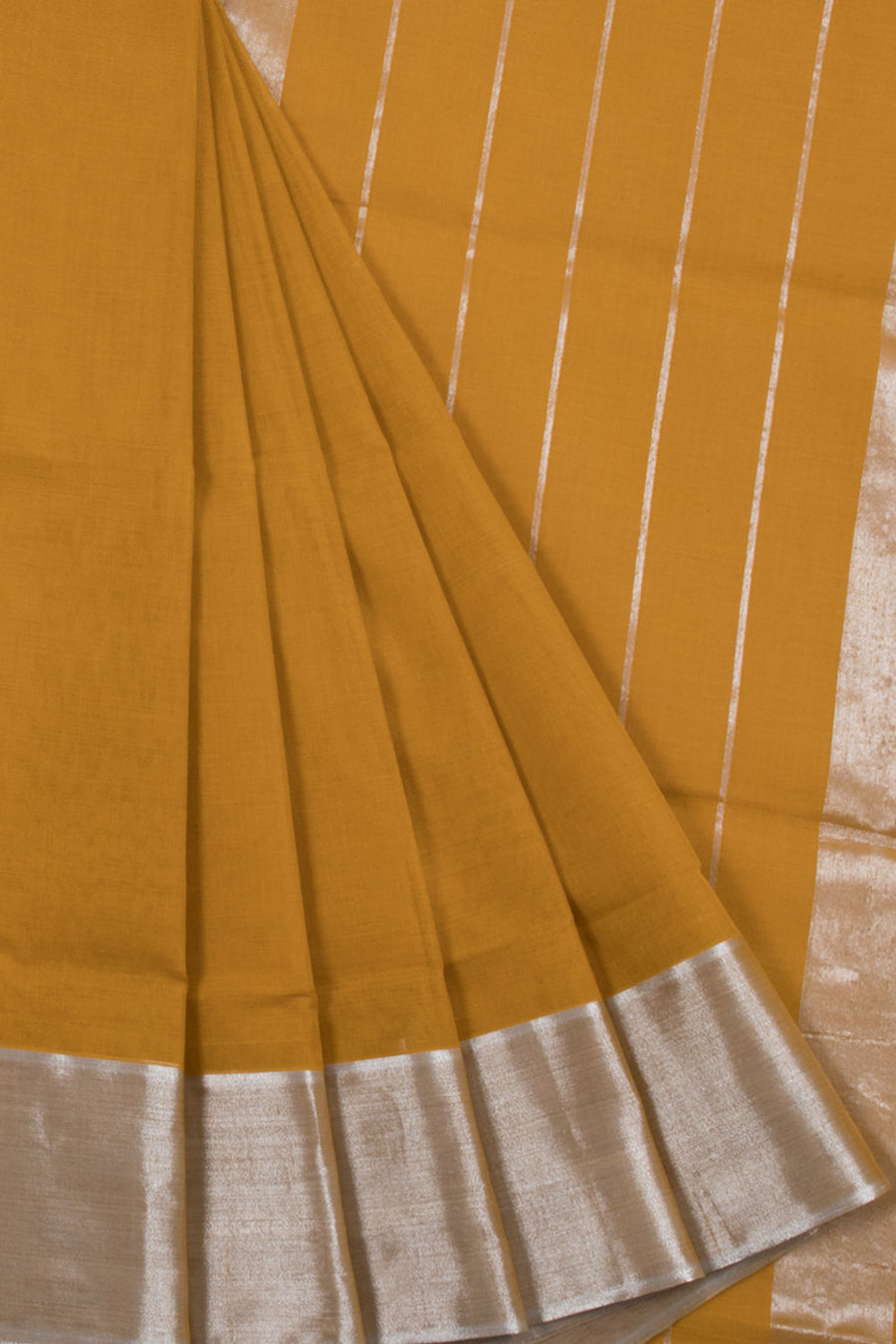 Amber Yellow Handwoven Solapur Cotton Saree with Tissue Border and Pallu without Blouse