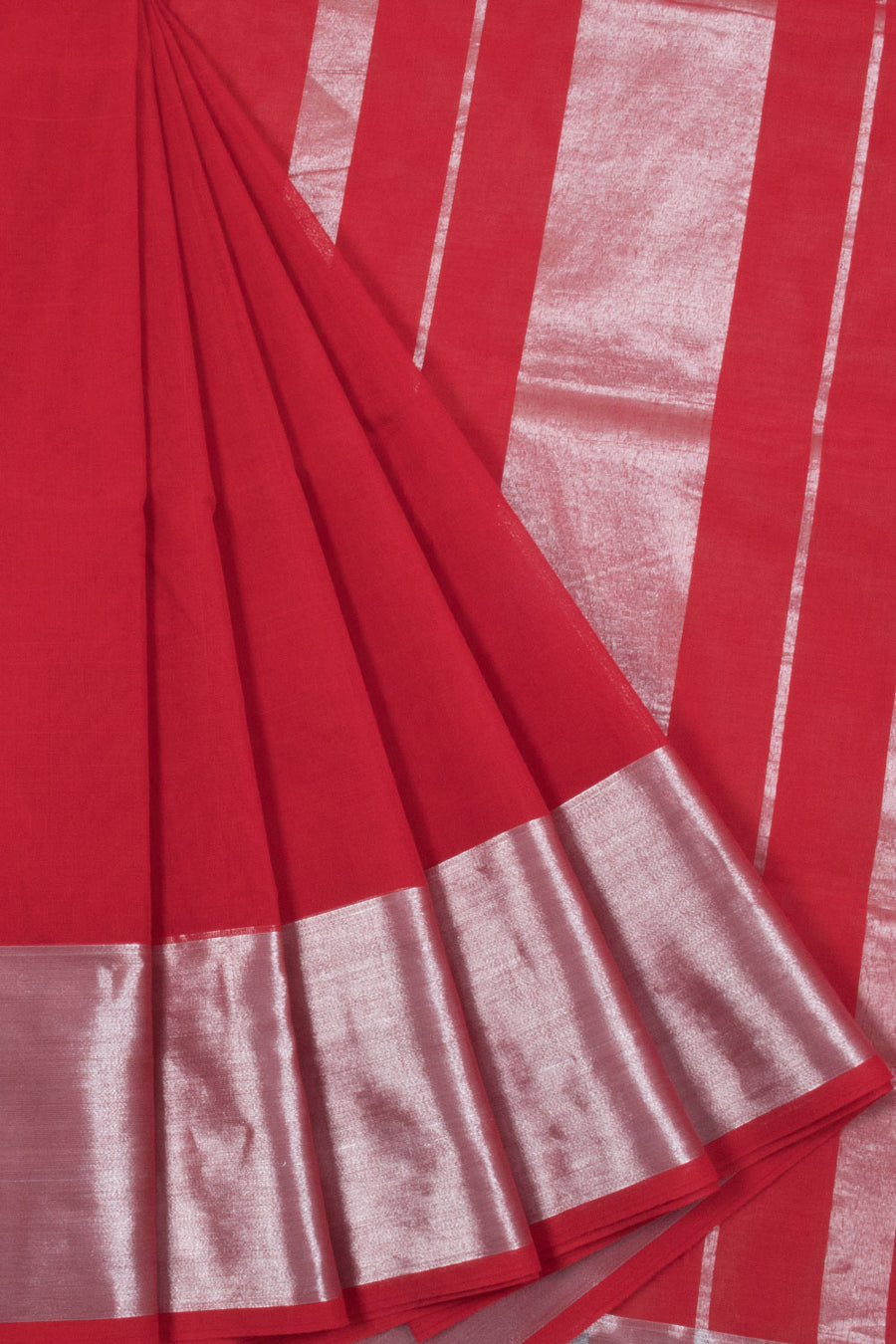 Tomato Red Handwoven Solapur Cotton Saree with Tissue Border, Pallu and without Blouse