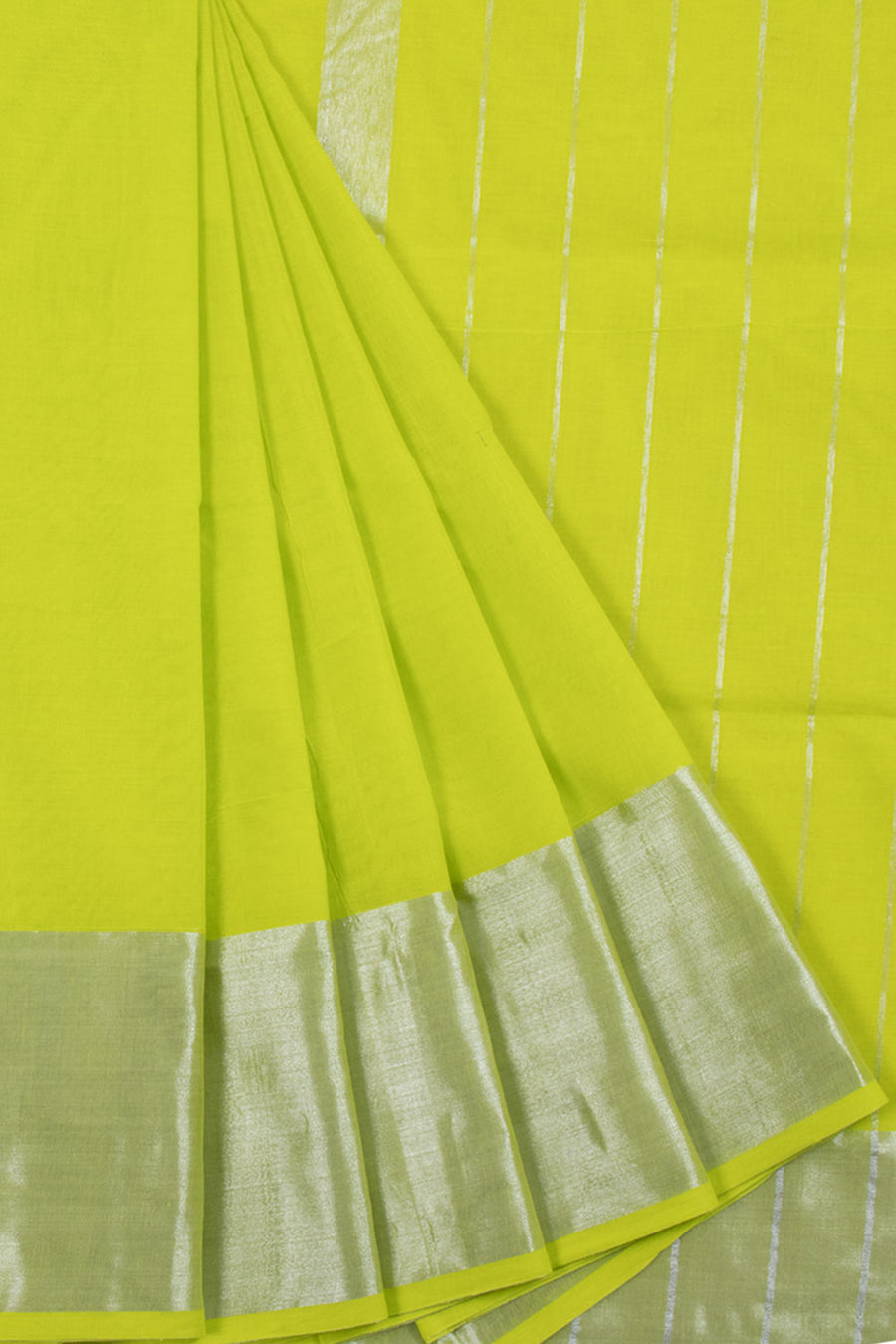 Lime Green Handwoven Solapur Cotton Saree with Tissue Border and Pallu without Blouse