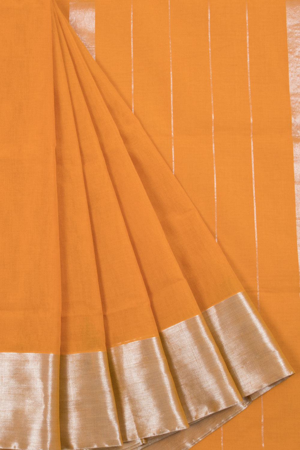 Orange Handwoven Solapur Cotton Saree with Tissue Border and Pallu without Blouse