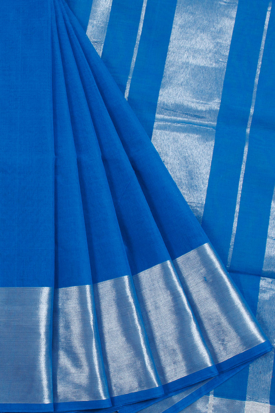 Denim Blue Handwoven Solapur Cotton Saree with Tissue Border and Pallu without Blouse