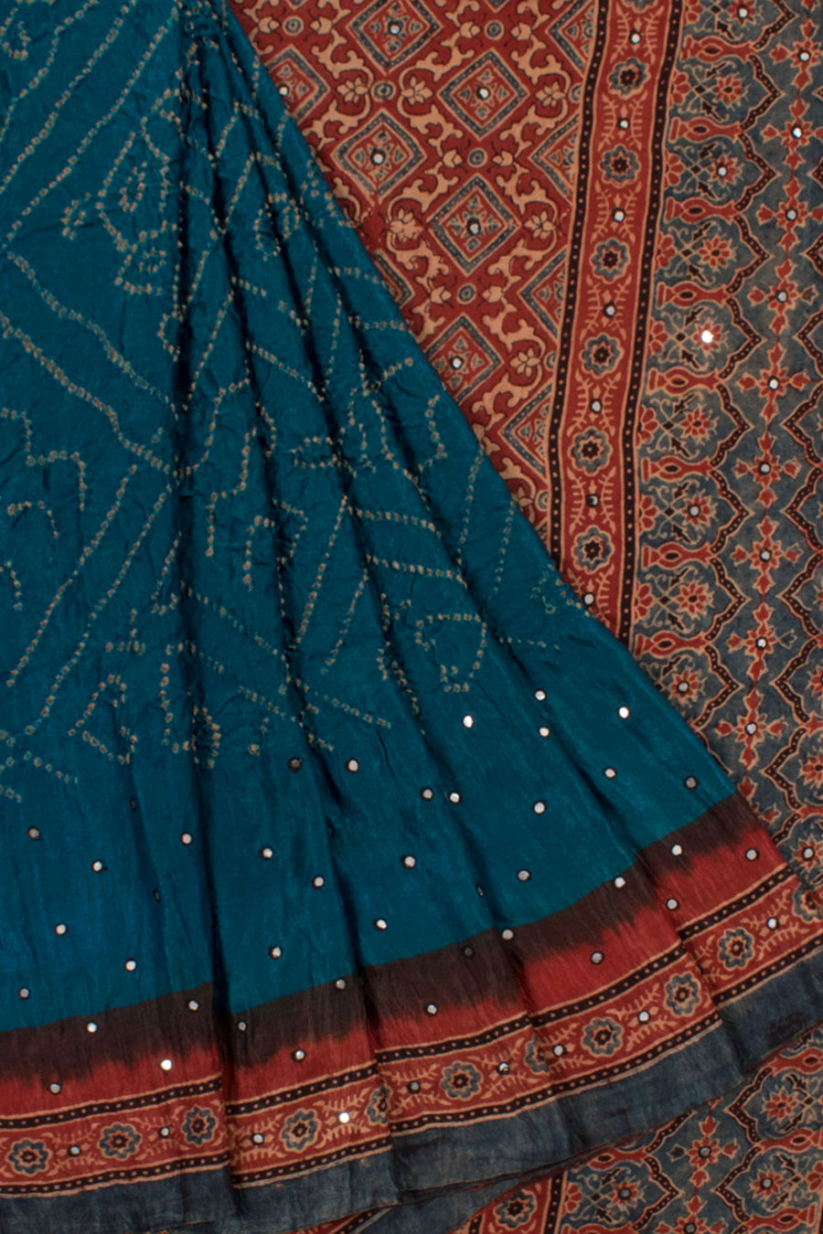 Handcrafted Bandhani Gajji Silk Saree with Ajrakh Printed Mirror Work Border and Pallu