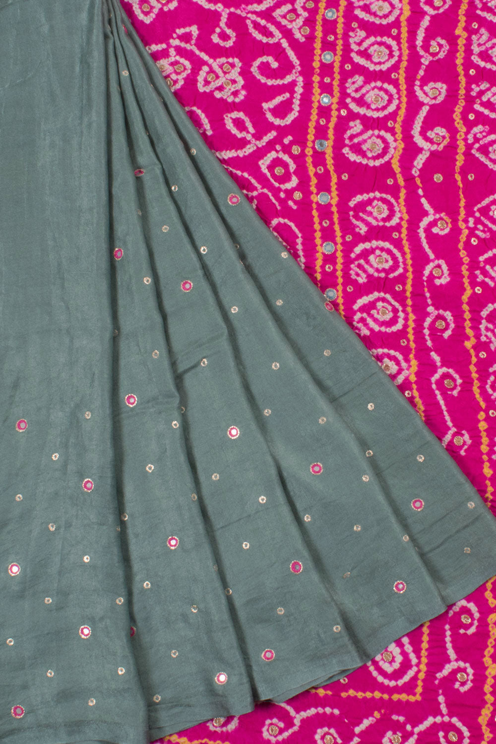 Handcrafted Bandhani Gajji Silk Saree with Khatla Embroidery, Mirror Work and Tissue Pallu 