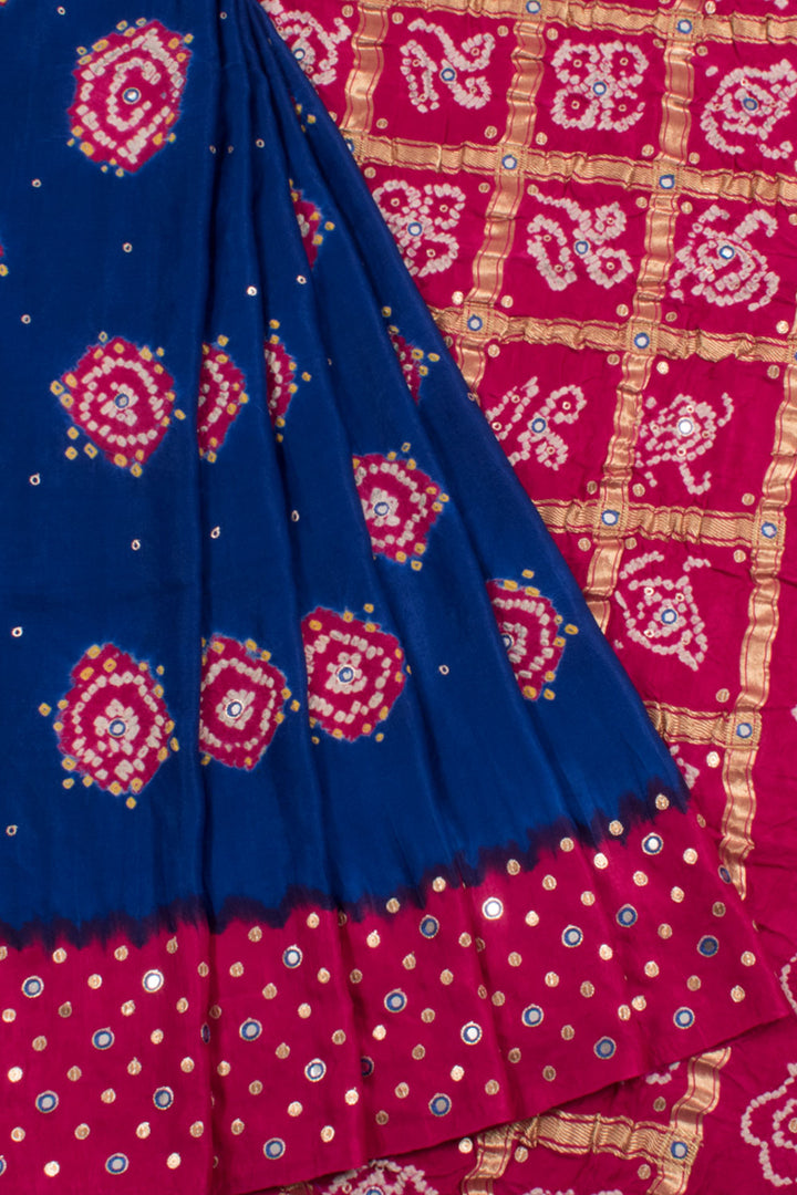 Handcrafted Bandhani Gajji Silk Saree with Khatla Embroidery and Sequin, Mirror Work Pallu