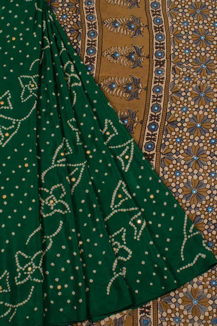 Handcrafted Bandhani Gajji Silk Saree with Mirror Work and Ajrakh Printed Pallu