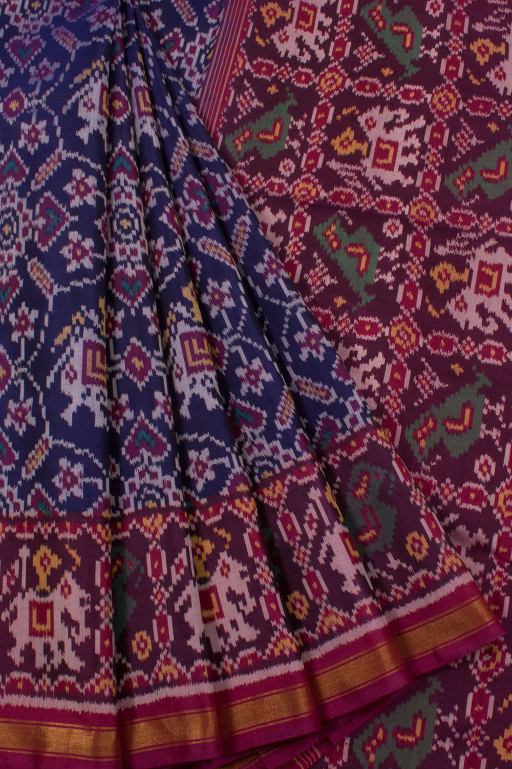 Handloom Patola Ikat Mulberry Silk Saree with Elephant Motifs and Zari Border
