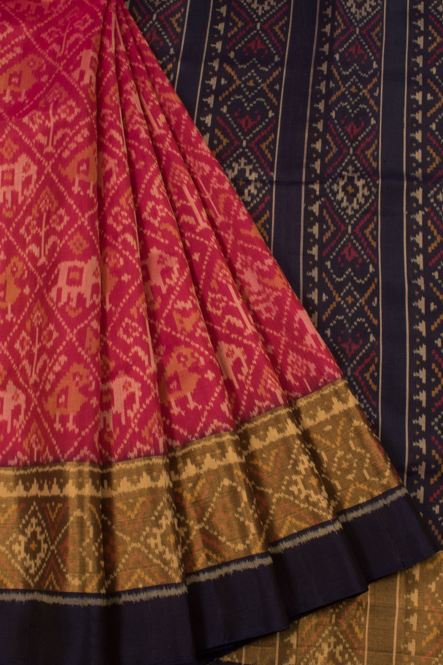 Handloom Patola Ikat Mulberry Silk Saree with Elephant, Parrot Motifs and Tissue Border