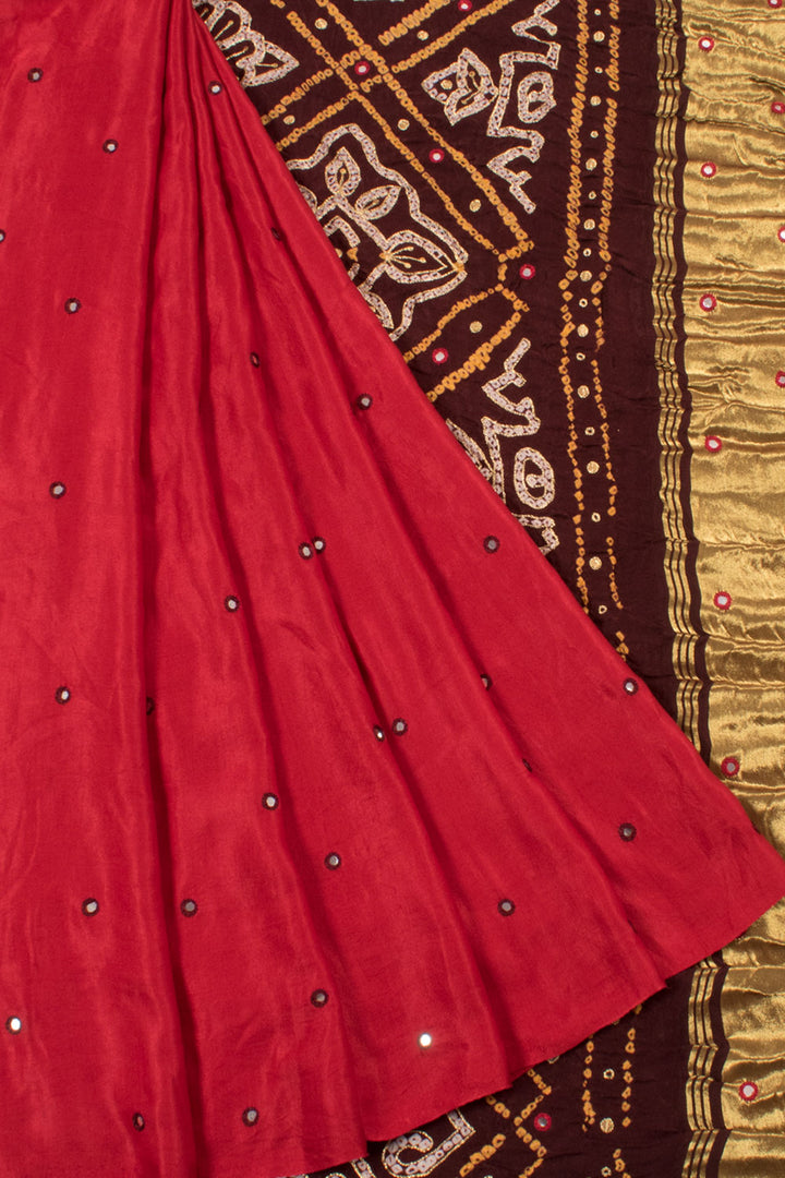 Handcrafted Bhandhani Gajji Silk Saree with Zari Embroidery and Mirror WorkHandcrafted Bandhani Gajji Silk Saree with 12 Bhat Pallu Design, Zari Embroidery and Mirror Work
