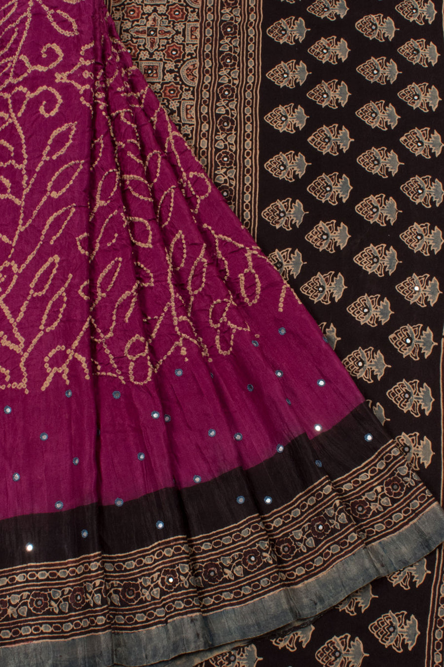 Handcrafted Ajrakh Printed Bandhani Gajji Silk Saree with Ambadaal Bandhani and Mirror Embroidery