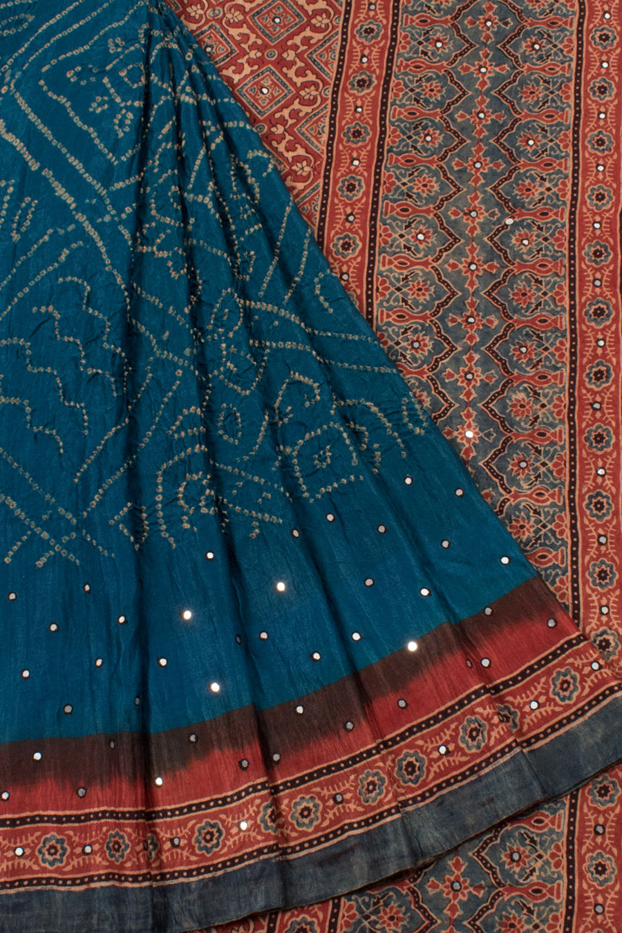 Handcrafted Ajrakh Printed Bandhani Gajji Silk Saree with Bavan Bhat Bandhani and Mirror Work