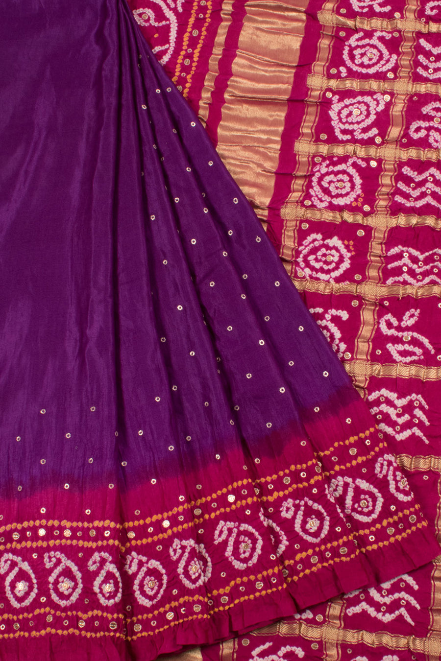 Handcrafted Bandhani Gajji Silk Saree with Checks Palav, Keri Border, Zari Embroidery and Sequin Work Pallu