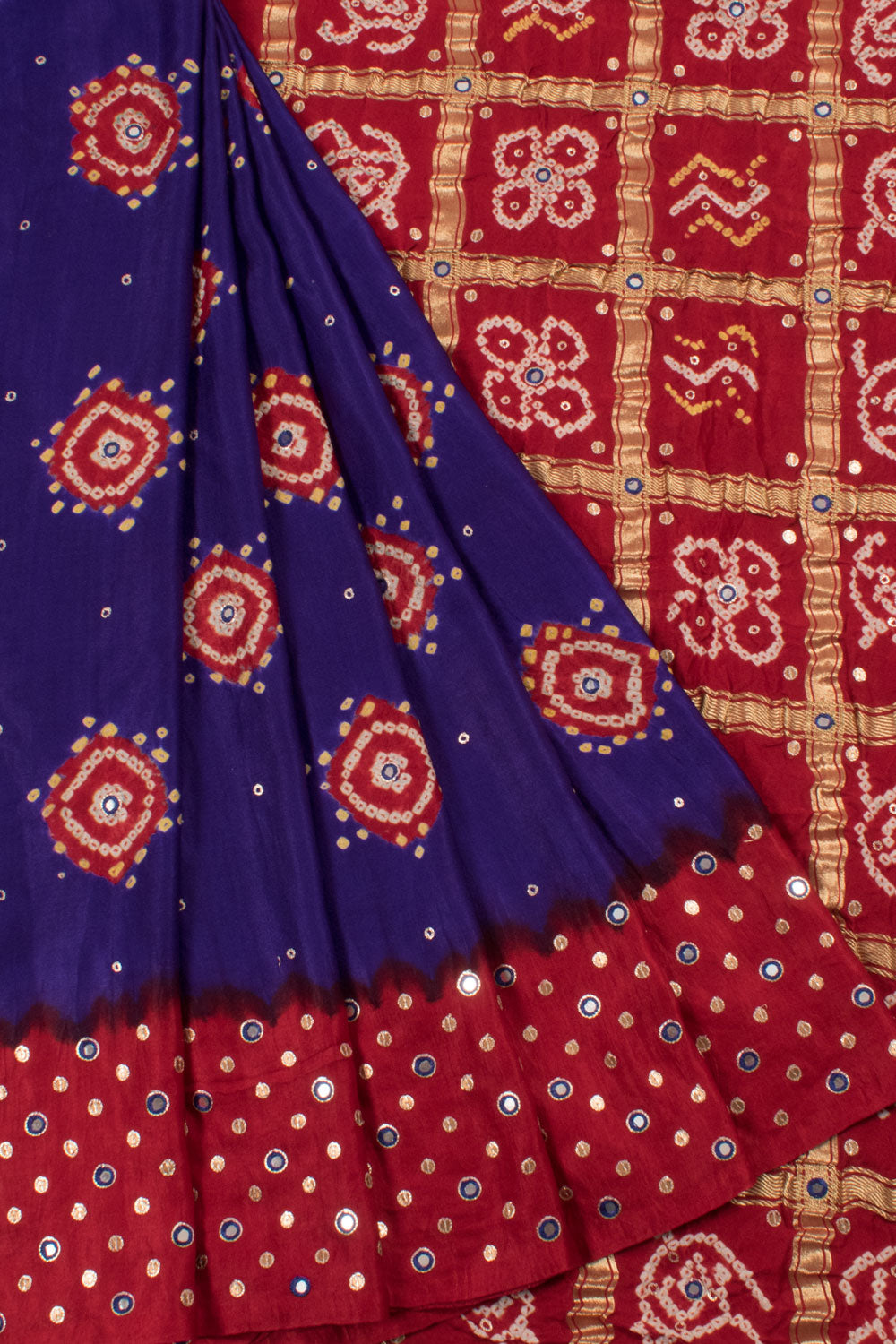 Handcrafted Bandhani Gajji Silk Saree with Checks Palav, Khatla Embroidery and Sequin Work Pallu