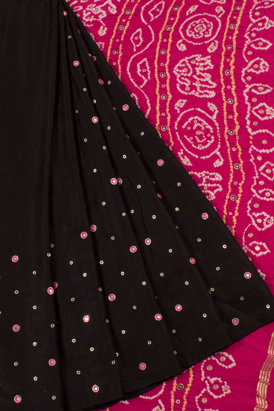 Handcrafted Bandhani Gajji Silk Saree with Tissue Pallu, Elephant Motifs and Sequin Work 